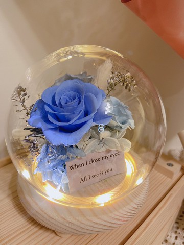 3朵永生花玻璃罩夜燈 水藍 交換禮物