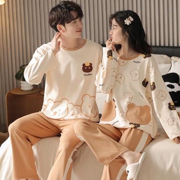 浪漫春天情侶睡衣男士春秋款純棉長袖卡通甜美家居服冬季全棉套裝