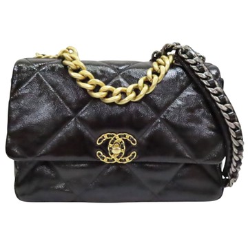 CHANEL 香奈兒 黑色 漆皮皮革 19 口蓋包 鍊帶肩背包 【二手名牌BRAND OFF】