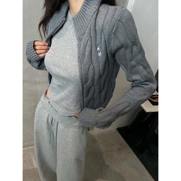 2024秋冬新款復古灰色麻花毛衣立領針織雙拉鏈開衫外套女外穿短款