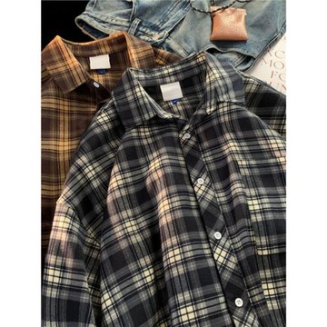 港風格子襯衫男潮牌古著vintage棕色長袖襯衣內搭秋季薄外套大碼