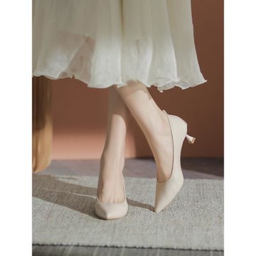 高跟鞋女裸色小跟鞋軟皮細跟尖頭軟底法式溫柔配裙子鞋低跟單鞋女