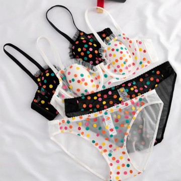 小眾彩色波點薄款兔耳朵半杯上托文胸套裝透明網紗性感內衣有鋼圈