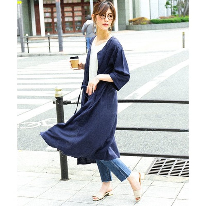 Fashion Letter リネンレーヨン ロング シャツワンピース 大きいサイズ 5分袖 麻 ノーカラーワンピース ロングワンピース ワンピ シャツ リボンウエスト ワンピース 春服 春物 羽織り シャツワンピ カジュアル レディース スプリングコート 春夏 M L Ll 3l 4l ブルー M