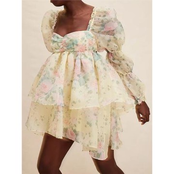 Selkie同款在逃公主甜美夢幻印花藕節泡泡袖露背蓬蓬蛋糕連衣裙