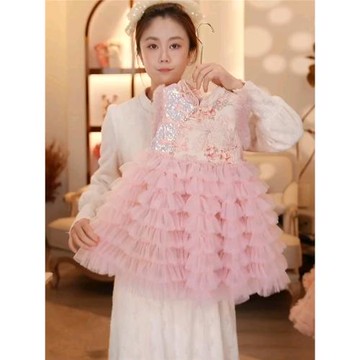 女童新中式連衣裙新款洋氣國風兒童拖尾公主裙女孩旗袍生日禮服裙