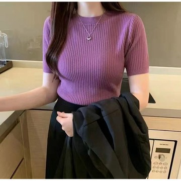 M-4XL 大尺碼短袖針織上衣 夏季新款修身針織衫短袖上衣女套頭毛衣內搭短款圓領打底衫