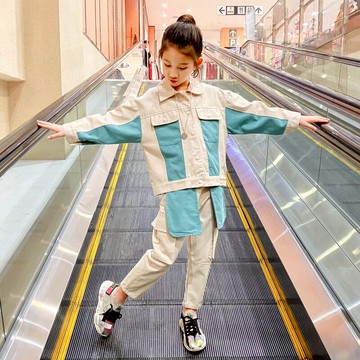 女童洋氣套裝新款春裝韓版中大童運動拼色外套休閑褲兩件套潮1入