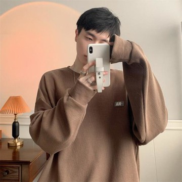 重磅華夫格衛衣男美式復古圓領長袖打底衫春秋潮流簡約寬松上衣服