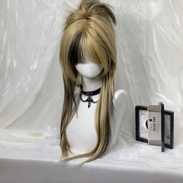 【KEKE】【鞠婧禕衕款】亞裔 黑金挑染 劉海 中長 仿真髮 萬聖節 cos 全頭套 補髮片 真髮/假髮 仿真假髮