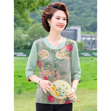 媽媽夏裝女真絲短袖媽媽遮肚子雪紡衫老太太夏天國風衣服50歲大碼