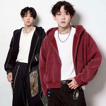 Boxyfit 水洗刷白雙開拉鍊350G重磅連帽外套