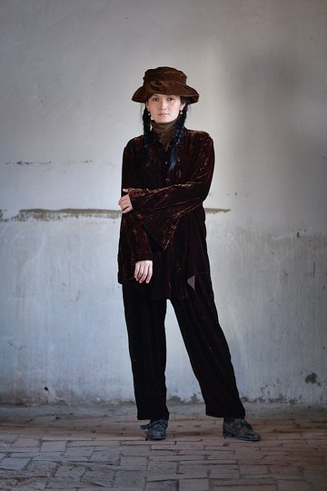 棕紅真絲長褲 條絨休閒寬褲