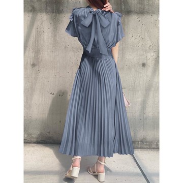 日本 GRL - 甜美時光收腰百摺短袖洋裝-星塵藍