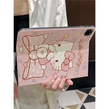適用蘋果ipad pro保護套air平板帶筆槽卡通蝴蝶結凱蒂貓新款11代10.9寸殼全包防摔硅膠書本翻蓋式磁吸蠶絲紋