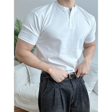 美式復古亨利衫短袖硬漢健身肌肉男緊袖口開領POLO修身純色擼鐵潮