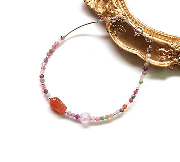 開運祈福貔貅系列-彩色碧璽x紫色摩根石x紅兔毛貔貅925純銀手鍊