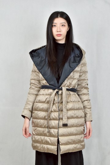 (M) max mara棕色羽絨連帽長版綁帶外套