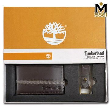 timberland男皮夾 短夾 簡式卡夾+鑰匙圈套組 品牌盒裝+原廠提袋棕黑色