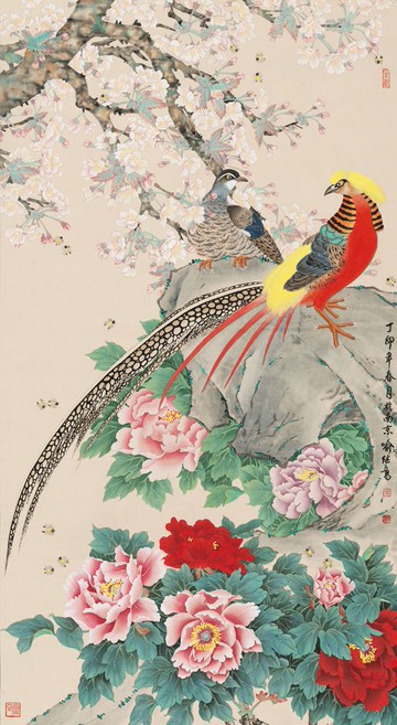 名畫藝術書房客廳臥室裝飾畫心 喻繼高 梨花錦雞圖60x110cm絹本