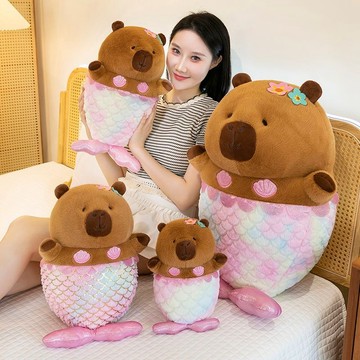抱枕 靠枕🎀 卡皮巴拉美人魚毛絨玩具可愛水豚丑萌玩偶娃娃公仔女生生日禮物