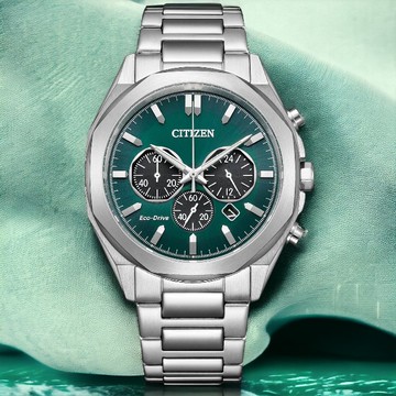 【CITIZEN】星辰 Chronograph 光動能計時腕錶 CA4590-81X 日期顯示 鋼錶帶男錶 綠/銀 41mm