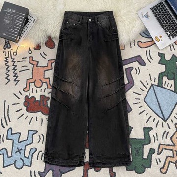 美式高街廢土風牛仔褲男做舊潮牌小眾設計感寬松黑色痞帥直筒褲子