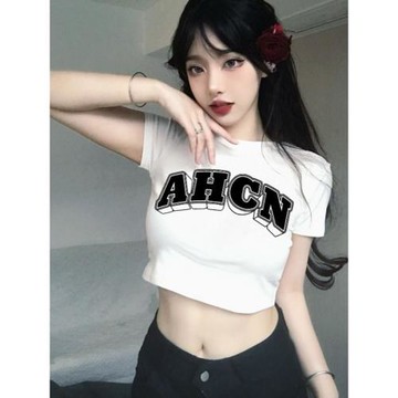 設計感字母印花正肩短袖T恤女夏季辣妹高腰修身顯瘦短款露臍上衣