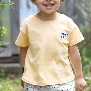 日本 petit main - [低價]接觸冷感 刺繡短袖上衣-鯨魚-奶油黃