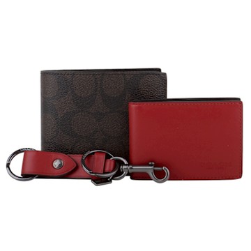 COACH  滿版防刮8卡短夾+鑰匙圈+名片夾禮盒組(深咖X紅)