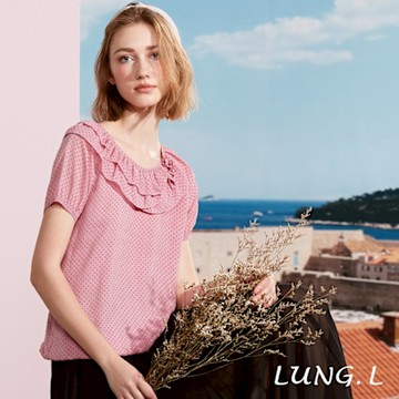LUNG.L林佳樺 粉色荷葉邊捲花小圓點短袖女裝上衣LS26A