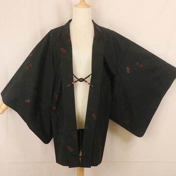 日本復古羽織 | 黑色紅花紋同色織紋 | 女款和服罩衫