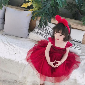 童裝春夏兒童禮服連衣裙寶寶酒紅色大蝴蝶結仙女童公主紗裙子98