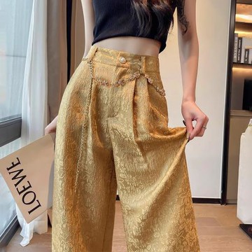 新中式緞面提花闊腿褲女夏季唐裝金色高腰垂感小個子國風休閑西褲