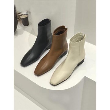 anna同款韓版方頭手工短靴女粗跟2025秋冬新款真皮中跟裸靴及踝靴