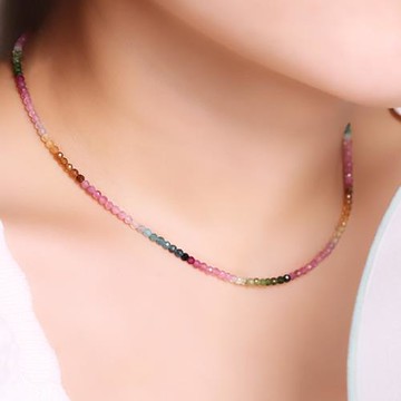 (免運)閃亮漸變彩虹極細天然小碧璽項鏈女鎖骨鏈頸鏈彩色水晶長百搭串珠