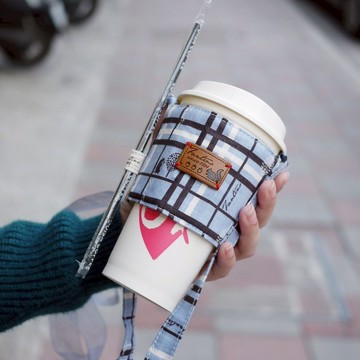 雙層隔熱環保飲料提袋 - 格紋街區 - 天空藍/交換禮物/畢業季