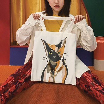 貓咪雙面插畫帆布包白色-三花貓(包鍊項鍊兩用)