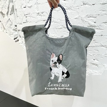 日本 polkapolka 動物刺繡 肩背 手提袋(灰色/法鬥)-日本直送，現貨在台