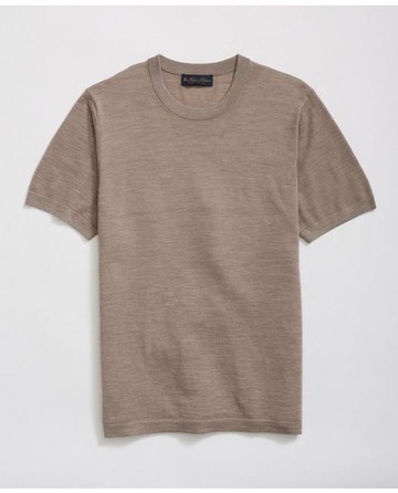 Brooks Brothers Men's Lightweight Luxe All-Season Sweater, Short Sleeve Crewneck | Beige | Size XL