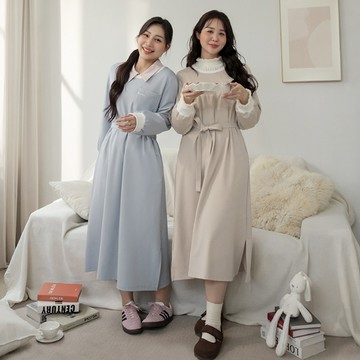 可愛圓領撞色刺繡長洋裝(附綁帶)