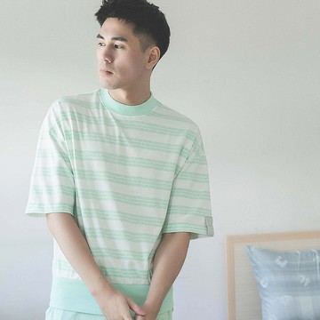 UMORFIL膠原蛋白條紋五分袖男居家服-淺綠/父親節