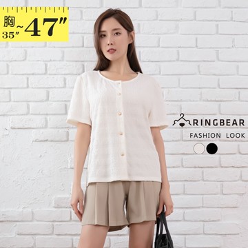 加大尺碼--氣質穿搭排釦網紗緹花褶皺圓領短袖上衣(白.黑L-3L)-U794眼圈熊中大尺碼