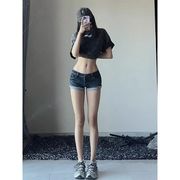 🔥臺灣現貨免運🔥辣妹風性感低腰捲邊牛仔短褲女夏季小个子設計感直筒熱褲三分超短褲