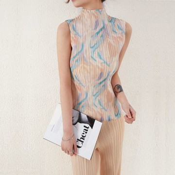 [米蘭精品] 現貨+預購 三宅風上衣褶衣褶皺上衣高級折衣彈力女裝顯瘦摺衣大碼-印花無袖1色74lj21