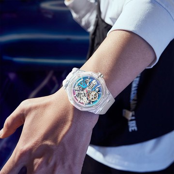 【BOZLUN 保羅】BZ188BU/BZ188GN 繽紛 活潑 透殼 夜光 鏤空 矽膠 機械 手錶