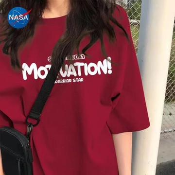 NASA潮牌小個子顯瘦短袖男女款夏季重磅純棉紅色休閑百搭寬松半袖