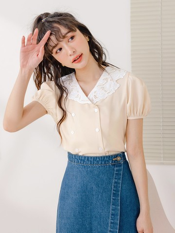 小V臉．蕾絲V領不易皺開襟拋袖上衣