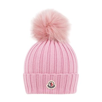 Moncler Logo 毛球及美麗諾羊毛毛帽(粉色)
