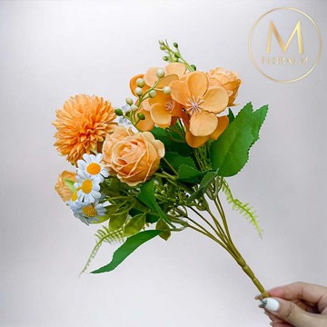 法式小花園玫瑰洋甘菊橘色花束仿真花花材(1入組)